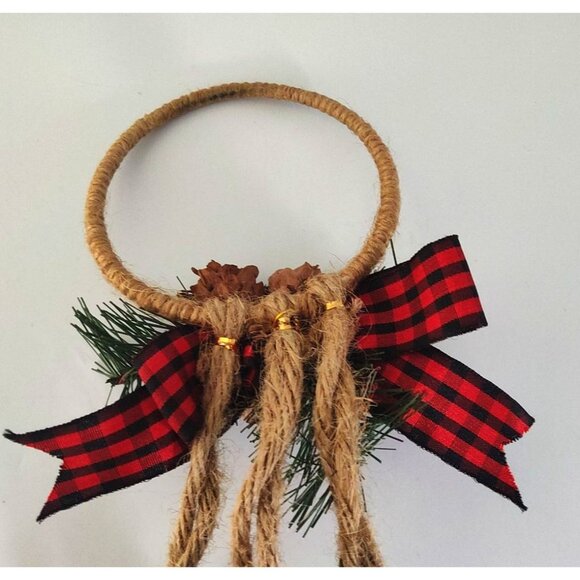 Rustic Jingle Bell Christmas Door Hanger With Pinecones & Plaid Ribbon - Picture 5 of 7